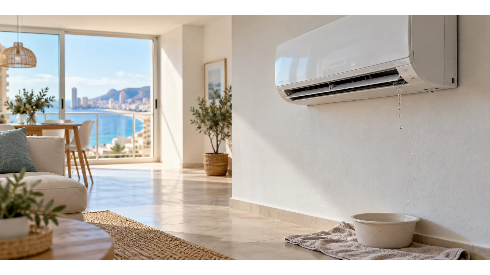 Aire acondicionado split con un goteo de condensación en un salón mediterráneo con vistas a Benidorm