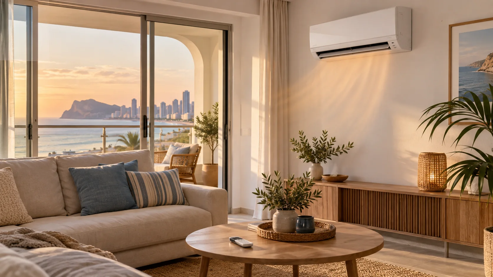 Aire acondicionado en modo calor en un salón mediterráneo de Benidorm durante una tarde de otoño