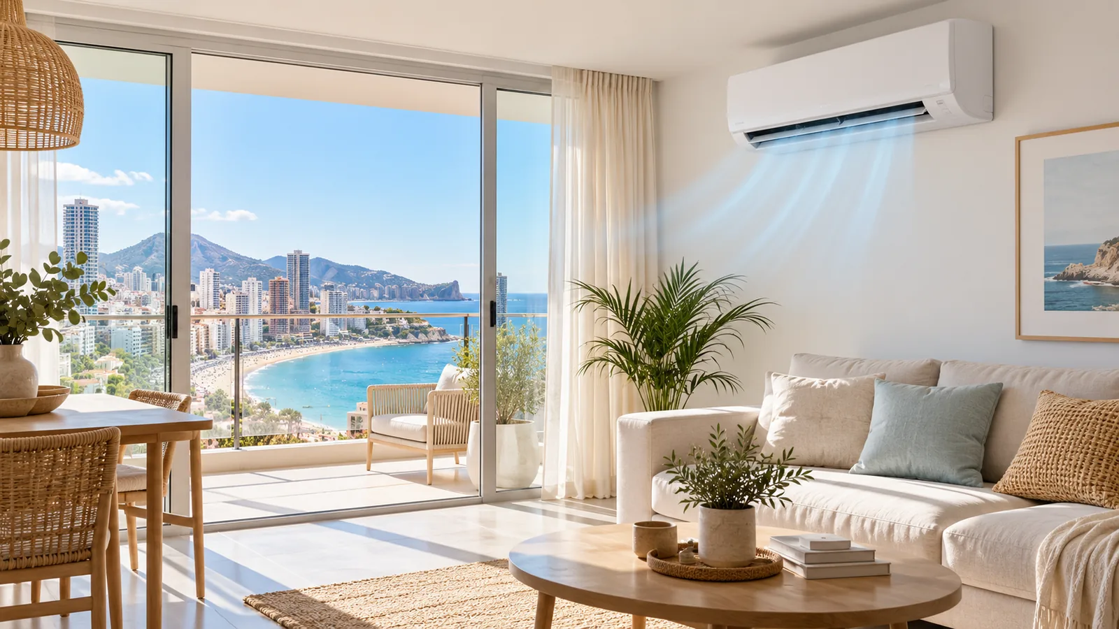 Aire acondicionado split en un salón mediterráneo de Benidorm emitiendo aire frío