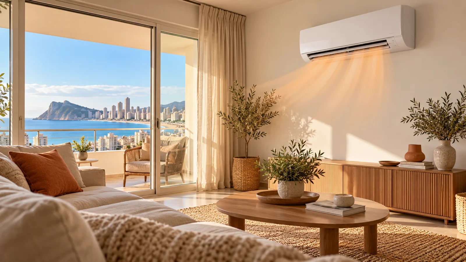 Aire acondicionado reversible en modo calor dentro de un apartamento mediterráneo de Benidorm
