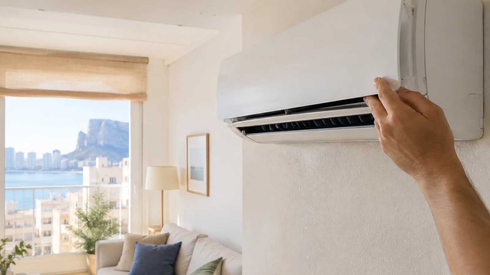 Técnico revisando la unidad interior de un aire acondicionado en una vivienda mediterránea de Benidorm