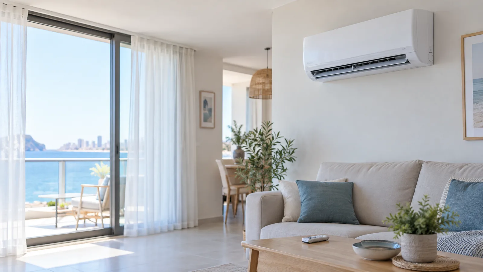 Aire acondicionado funcionando en un salón mediterráneo de Benidorm durante un día húmedo