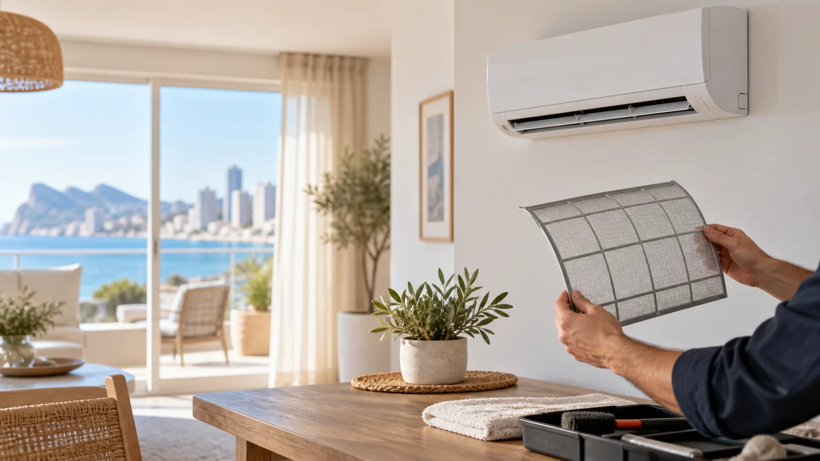 Técnico revisando el filtro de una unidad de aire acondicionado en una vivienda mediterránea de Benidorm